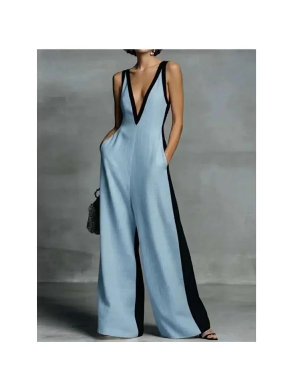 Contrast Trim V-Neck Jumpsuit - Picture 6 of 9